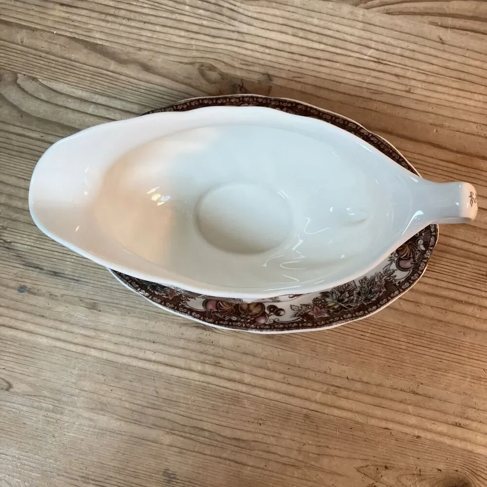 Johnson Brothers Autumn monarch Turkey Gravy Boat Sauce bowl w/plate NWT Sticker